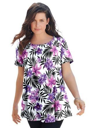 Roaman's Plus Size Ultimate Cotton Crewneck Short Sleeve Swing Tee in Purple Tropical Floral at Nordstrom, Size Medium