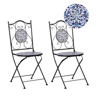 Beliani Conjunto De 2 Sillas De Exterior De Metal De Estilo Vintage Motivo Mosaico Plegable Estructura De Hierro Negro Azul Camprena