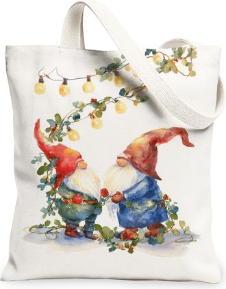 Generic Winter Gnomes Canvas Tote Bags, Charming Holiday Pattern Reusable Grocery Bags, Lightweight Washable Shoulder Strap Canvas, White, 13x15 Inch