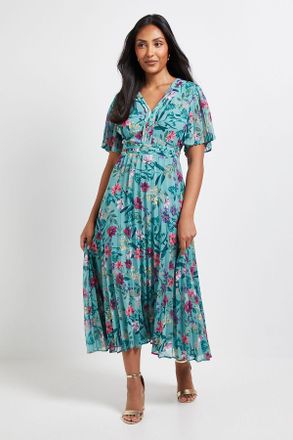 Wallis Womens Petite Floral Chiffon Pleated Sleeve Midi Dress - Green - Size 16 UK