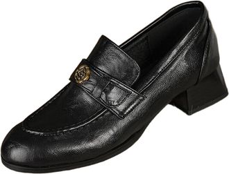 Generic Womens Round Toe Slip-On Loafers Gold Embellishment Chunky Block Heel Textured Upper Closed Toe Lightweight Comfortable Durable,Black,7.5 UK