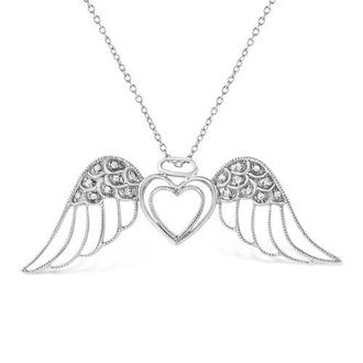 House of Brilliance Silver Pave-Set Diamond Accent Angel Wing Double Heart Pendant Necklace in White at Nordstrom