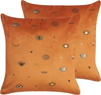 Beliani Beliani - Conjunto De 2 Cojines De Terciopelo Naranja Negro 45 X 45 Cm Patr&oacute;n Ojo Aeonium