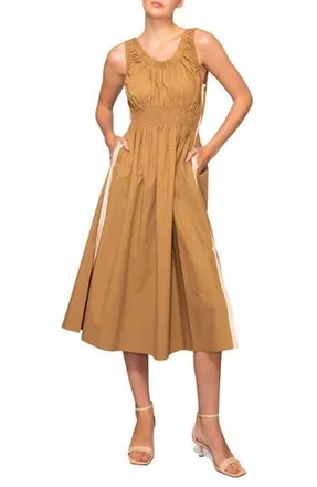 Melloday Embroidered Side Stripe Sleeveless Twill Midi Dress in Tan at Nordstrom Rack, Size X-Small