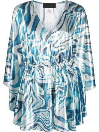 Alberta Ferretti swirl print flared sleeve top - women - Elastane/Polyester - 40 - Blue