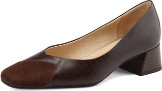 TinaCus Womens Square Toe Genuine Leather Handmade Stitching Design Slip On Low Chunky Heel Pumps Shoes, Brown, 8 UK
