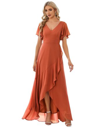 Ever-pretty Women Chiffon Asymmetrical V Neck Short Sleeves Long Wedding Guest Dress Burnt Orange 24