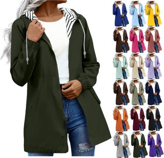 Generic Waterproof Coat Womens Long Rain Jacket Hooded Water Resistant Windbreaker Rainproof Rain Coat with Pockets Packable Gym Jacket Raincoats Womens Cloth