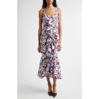 Cinq &agrave; Sept Floral Print Ruffle Dress in Deep Plum Multi at Nordstrom, Size 6