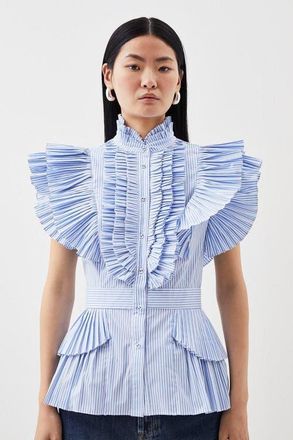 Karen Millen Sleeveless Striped Pleated Ruffle Blouse at Nordstrom, Size 10