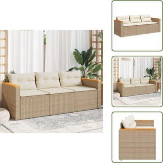 vidaXL The Living Store Divano da Giardino con Cuscini a 3 Posti Beige in Polyrattan - Divano da esterno
