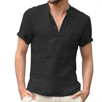 Generic Henley Shirts for Men Short Sleeve Cotton and Linen Shirt with Pocket Button Down T-Shirts Tops Summer Casual Tees Camisa De Verano para Hombre(Black,
