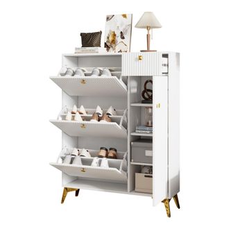 STILVORA Zapatero Con 3 Solapas, 1 Caj&oacute;n Y 1 Puerta, Estantes Ajustables, Para Entrada, En Madera Y Metal, 90&times;25&times;121 Cm, Blanco
