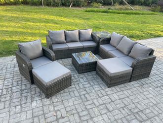 Fimous 9 Seater Outdoor Rattan Garden Furniture Set Conservatory Patio Sofa Coffee Table With Reclining Chair 2 Big Footstool Side Table in Dark Grey