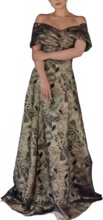 Terani Couture Long A-Line Off Shoulder Pleated Dress In Black/gold