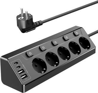 OEM Regleta De 5 Enchufes Para Encimera De Cocina Con Interruptor Y Cable Alargador De 2 M Para Muebles, Sof&aacute;s, Escritorios Y Mesas, Color Negro