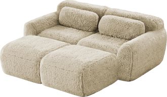 STILVORA Sof&aacute; Modular 2 Plazas En Tela Aterciopelada Con 2 Taburetes, Base Antideslizante, Sin Montaje, Asiento Amplio, Caqui Claro