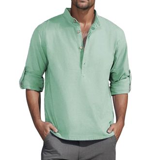 Generic Henley Shirts for Men Cotton Linen T-Shirts Fall Roll Up Long Sleeve Shirt Casual Button Down Blouses Pullover Tops Camisas De Hilo para Hombres(Green