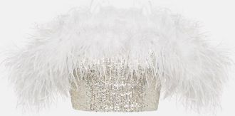 Self Portrait Sequined feather-trimmed crop top