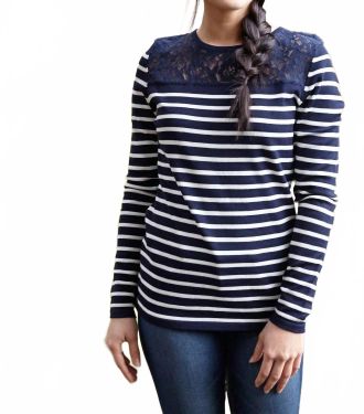 Papillon Striped Lace Yoke Top In Navy/ White