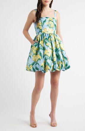 Julia Jordan Floral Square Neck Bubble Hem Cocktail Minidress in Blue Multi at Nordstrom, Size 12