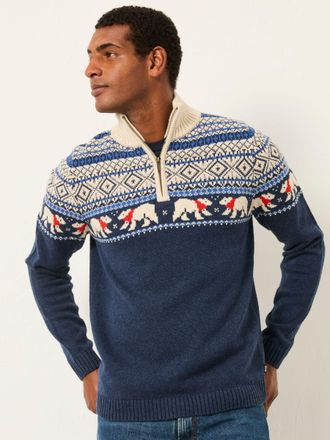 Fat Face FatFace Navy Polar Bear Knitted Fairisle Half Zip Neck Jumper
