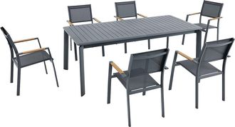 Vente-Unique Comedor de jard&iacute;n de aluminio: Mesa extensible L.205/286,5 cm y 6 sillones apilables - Antracita - MACILA de MYLIA