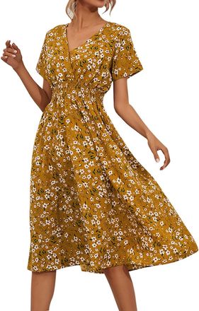 Generic Womens Boho Dresses Summer UK Sale Clearance Loose Casual Midi Tunic Dress Floral Polka Dots Print V Neck Short Sleeve T Shirt Ruffle Dresses