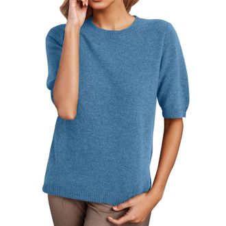 Generic HUIFUAO Ladies Cashmere Jumpers Short Sleeve Plus Size Sweaters Summer Basic Elegant Tops T Shirt Black Crew Neck Knit Pullover (Blue, XXL)