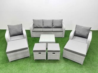 Fimous PE Rattan Lounge Sofa Set with Coffee Table 3 Seater Sofa 4 Footstools in Light Grey