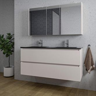 Saniclass Chaci Badkamermeubelset - 120x46x55cm - keramische wastafel zwart - 2 wasbakken - 2 kraangaten - 2 lades - spiegelkast - mat cotton (beige)
