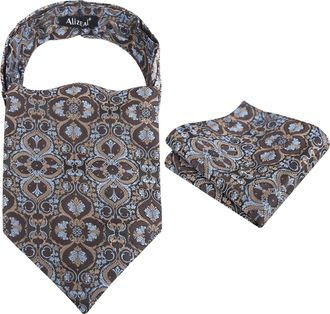 Alizeal Mens Cravat Tie Set Ascot Retro Floral for Banquet Party Tie and Pocket Square Set, Brown+Blue+Khaki