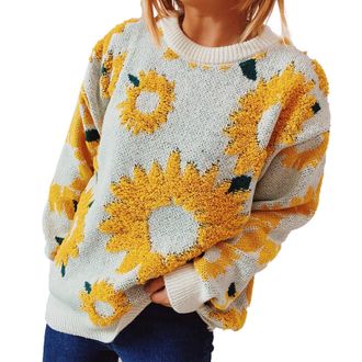 Generic Womens Long Sleeve Sweater Crochet Jumper Thermal Womens/Winter New Top Sunflower Round Neck Long Sleeve Knitted Pullover Sweater V-Neck Pullover Knit