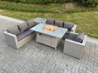Fimous Light Grey Corner Rattan FirePit Garden Furniture Set Gas Heater Burner Lounge Sofa With Side Coffee Table