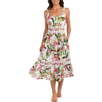 La Blanca Polynesian Tie Neck Midi Cover-Up Dress in White Multi at Nordstrom, Size Large