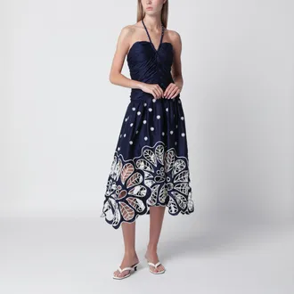 Farm Rio Abito midi Richelieu blu navy con ricami