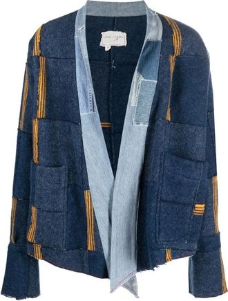 Greg Lauren Light Jackets, male, Blue, M, Patchwork Linen-Wool Blend Short Coat