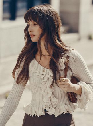 Icone Womens Cropped ruffled rib-knit Cardigan Sweater