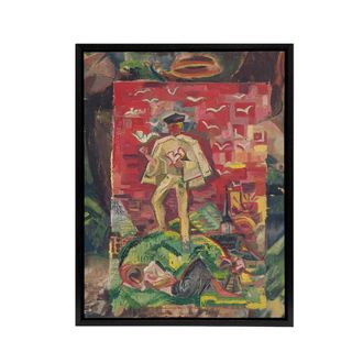 Artery8 Man In Folk Costume Surreal Kubincan Black Framed Canvas Art Print | Size: W24 x H32