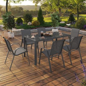 IDMarket Conjunto De Muebles De Jard&iacute;n Madrid Mesa 150 Cm Y 6 Sillas Apilables Gris Antracita