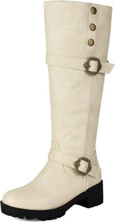 Generic Womens Block Heel Platform Boots with Buckle PU Leather Long Boots Round Toe Knee High Boot with Side Zipper,Beige,7.5 UK