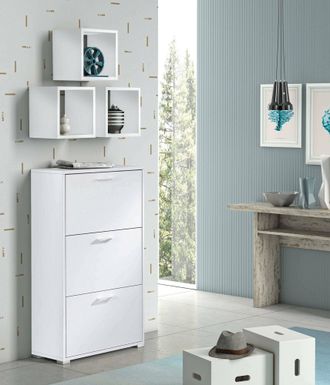 Dmora Zapatero Dlos, Mueble De Entrada Polivalente Con 3 Puertas Abatibles, Zapatero De Doble Profundidad, 100% Made In Italy, 67x28h112 Cm, Blanco - Dmora