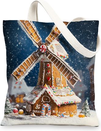 Generic Winter Farmhouse Christmas Canvas Tote Bag for Shopping 13x15, Snow Windmill Xmas Scenic Reusable Grocery Print Bag for Women, Farm Holiday Beach Aest