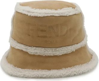 Fendi Pre-owned Logo Shearling Bucket Hat Sheepskin Hat - Dames - Vintage Accessoires - Beige - ONE Size - Leer - Vintage