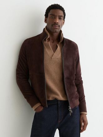 Reiss Chocolate Brown Suede Zip-through Funnel-neck Jacket, Xxl