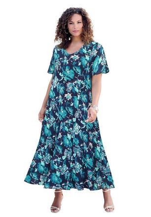 Roaman's Plus Size Hand Crinkled Flutter-Sleeve Maxi Dress in Navy Painted Floral at Nordstrom, Size 32P