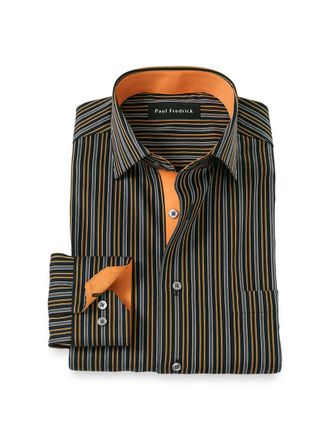Paul Fredrick Comfort Stretch Non-iron Stripe Dress Shirt With Contrast Trim