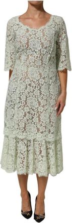 Dolce & Gabbana Bloemenkanten Midi Jurk met Afwerking - Dames - Casual kleedjes - Groen - 3XL - Katoen - Kleedjes