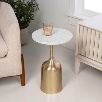 Jonathan Y Designs Pip 20.25 Classic Designer Metal Drink Table and Decorative End Table with White Marble Round Top and Bell Pedestal Base, Antique Gold