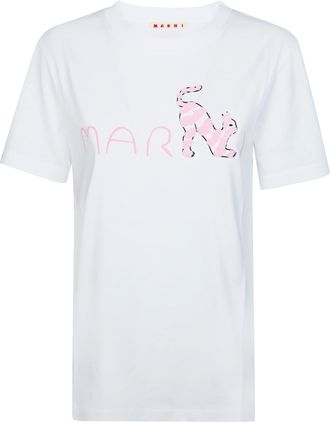 Marni White Round Neck Animal Motif T-Shirt